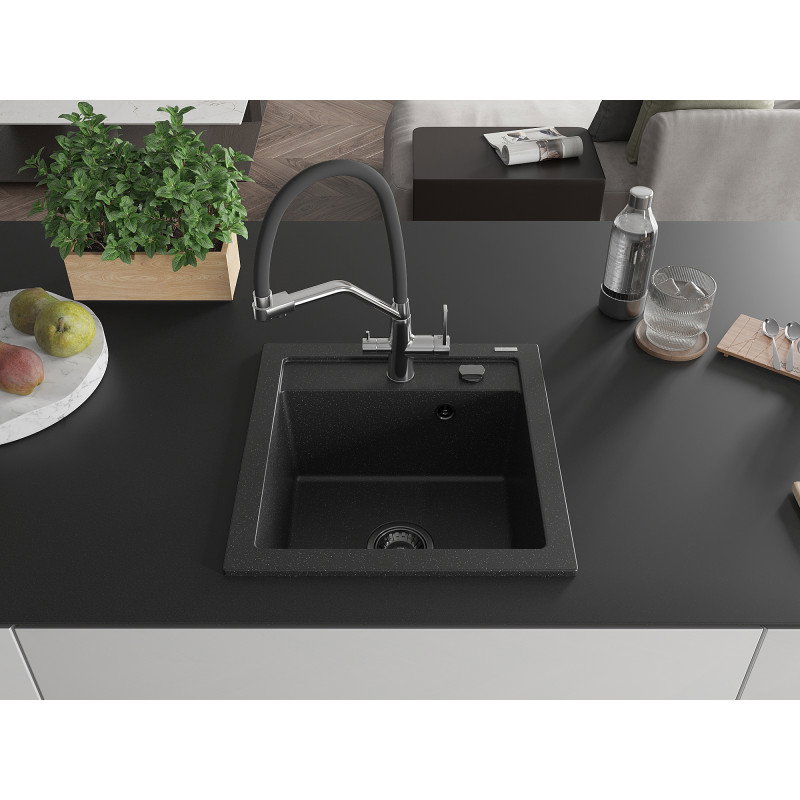 Mexen Vito 1-bowl granite sink with Duo kitchen tap, black/silver metallic - 6503-73-671701-07-B