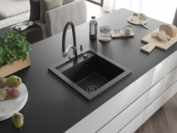 Mexen Vito granieten spoelbak 1-komerig met keukenkraan Duo, zwart/zilver metallic - 6503-73-671701-07-B