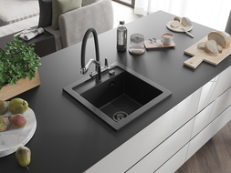Mexen Vito Granitspüle 1-Becken mit Duo-Küchenarmatur, schwarz/silber metallic - 6503-73-671701-07-B