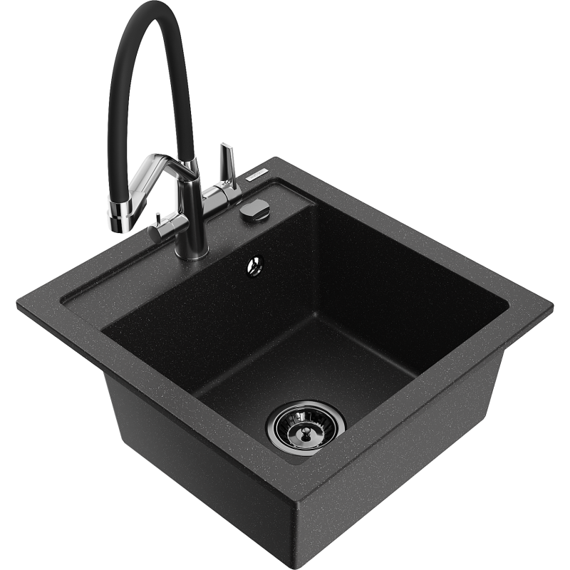 Mexen Vito 1-bowl granite sink with Duo kitchen tap, black/silver metallic - 6503-73-671701-07-B