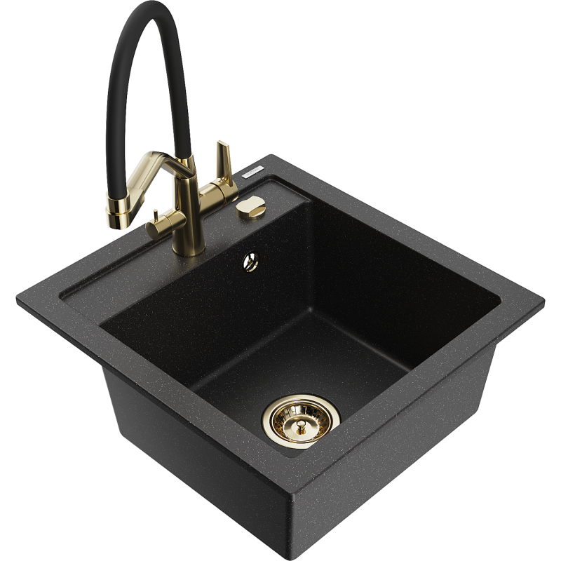 Mexen Vito 1-bowl granite sink with Duo kitchen tap, black/silver metallic - 6503-73-671701-57-G