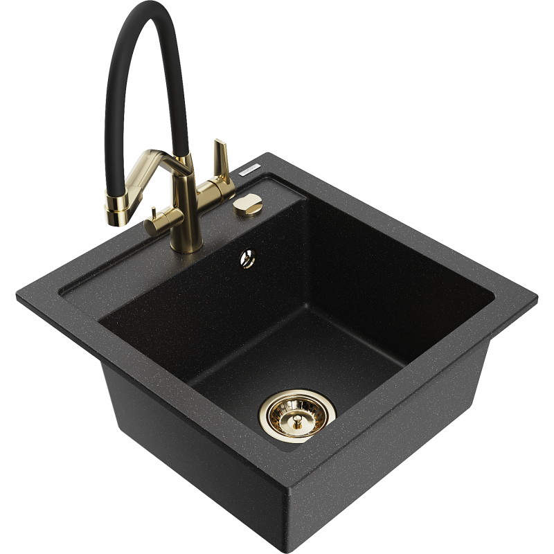 Mexen Vito granitspüle 1-becken mit küchenarmatur Duo, schwarz/silber metallic - 6503-73-671701-57-G