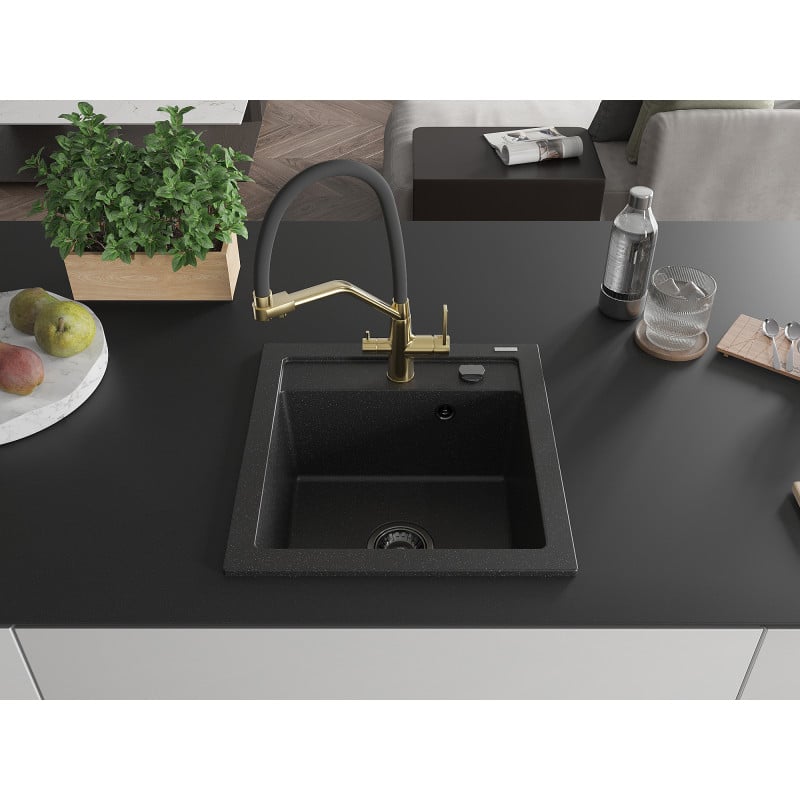 Mexen Vito 1-bowl granite kitchen sink with Duo tap, black/silver metallic - 6503-73-671701-57-B
