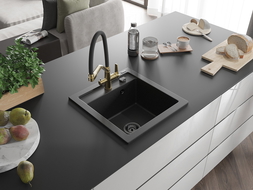 Mexen Vito Granitspüle einbecken mit Küchenarmatur Duo, schwarz/silber metallic - 6503-73-671701-57-B