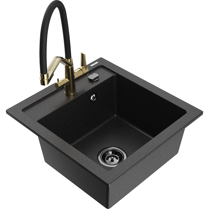 Mexen Vito lava-louça de granito de 1 cuba com torneira de cozinha Duo, preto/prateado metálico - 6503-73-671701-57-B