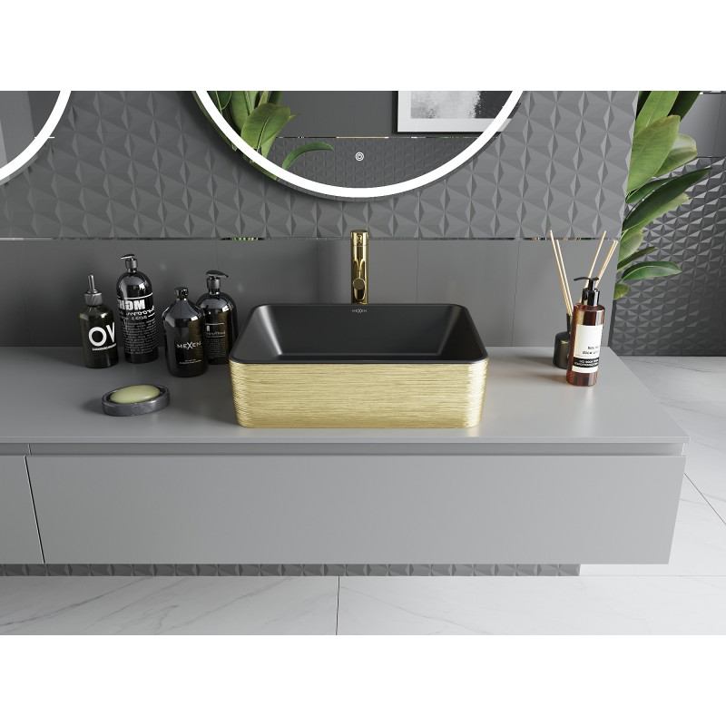 Mexen Catia Lavabo à poser 48 x 37 cm, noir mat/or motif lignes - 21314877