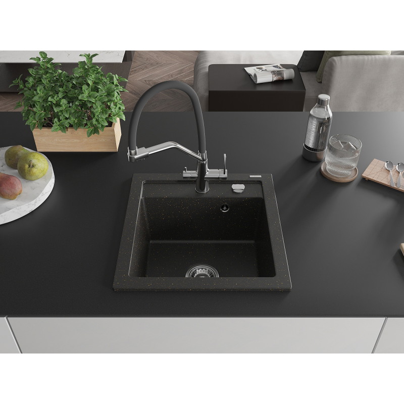 Mexen Vito Granitspüle 1-Becken mit Küchenarmatur Duo, schwarz/gold metallic - 6503-75-671701-07
