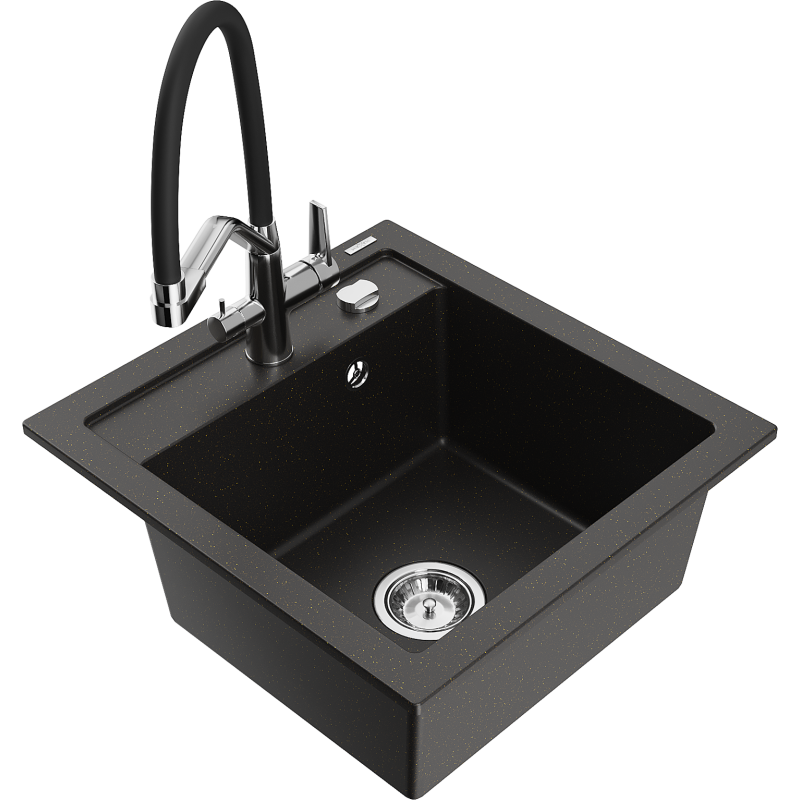 Mexen Vito fregadero de cocina de granito de 1 seno con grifo Duo, negro/dorado metálico - 6503-75-671701-07