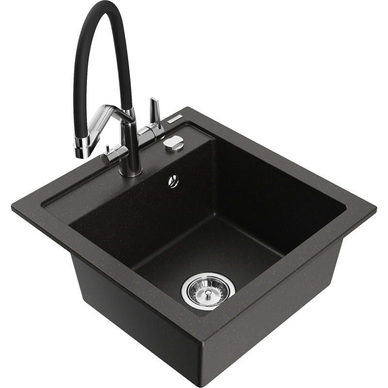 Mexen Vito Granitspüle 1-Becken mit Küchenarmatur Duo, schwarz/gold metallic - 6503-75-671701-07