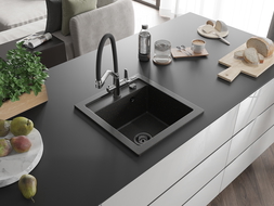 Mexen Vito fregadero de granito de 1 compartimiento con grifo de cocina Duo, negro/dorado metálico - 6503-75-671701-07-B