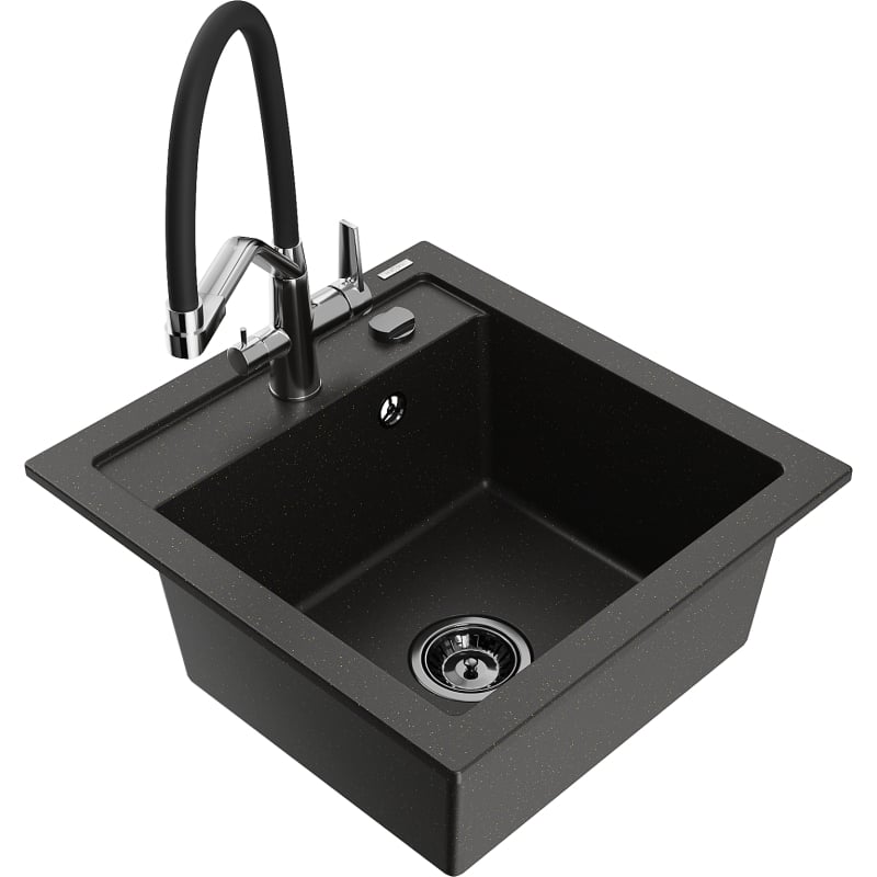 Mexen Vito 1-bowl granite sink with Duo kitchen faucet, black/gold metallic - 6503-75-671701-07-B