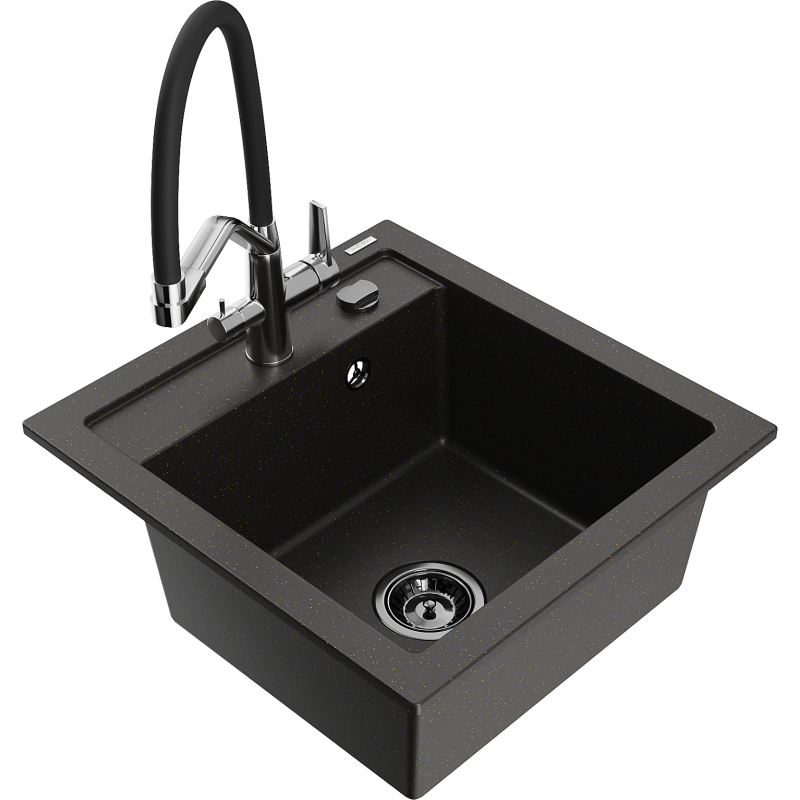 Mexen Vito granieten spoelbak met 1 compartiment en Duo keukenkraan, zwart/gouden metallic - 6503-75-671701-07-B