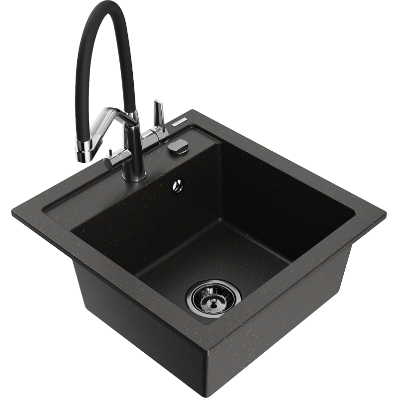 Mexen Vito lavello in granito 1-vasca con miscelatore da cucina Duo, nero/oro metallico - 6503-75-671701-07-B