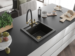 Mexen Vito Granitspüle 1-Becken mit Küchenarmatur Duo, schwarz/gold metallic - 6503-75-671701-57-G