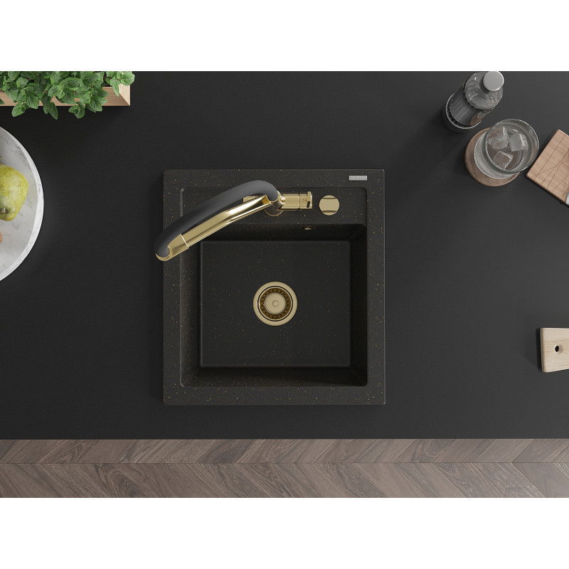 Mexen Vito Granitspüle 1-Becken mit Küchenarmatur Duo, schwarz/gold metallic - 6503-75-671701-57-G