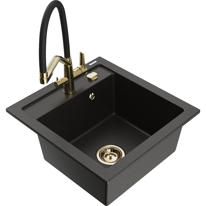 Mexen Vito fregadero de granito de 1 seno con grifo de cocina Duo, negro/dorado metálico - 6503-75-671701-57-G