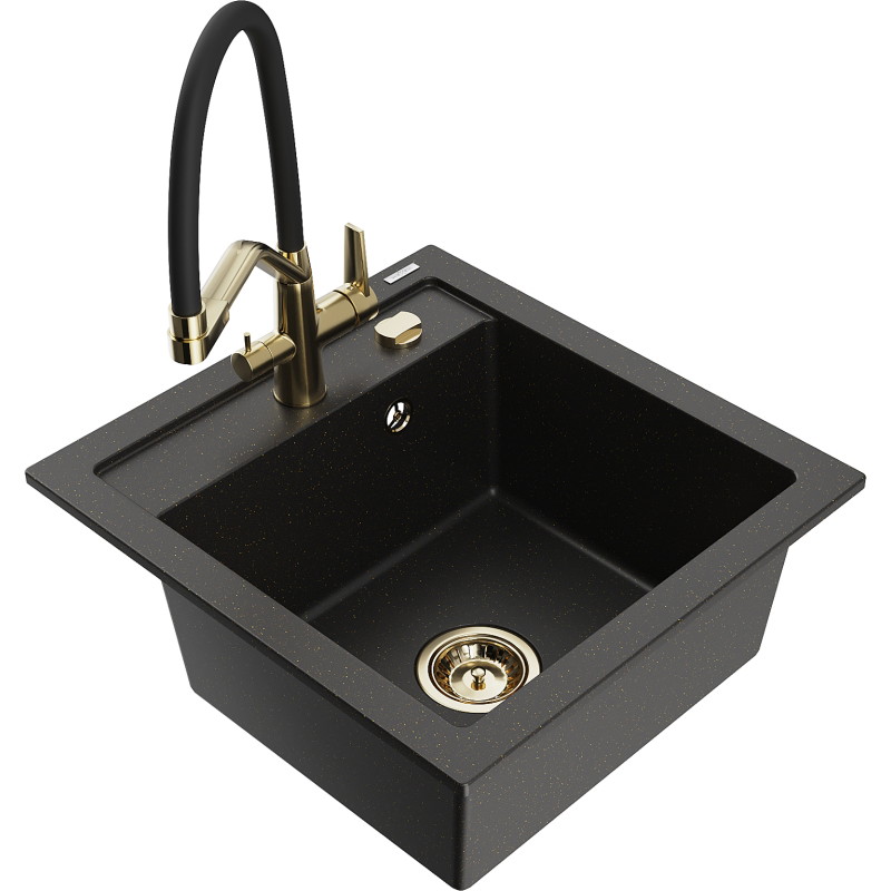 Mexen Vito granit gootsteen 1-komorsprong met Duo keukenmengkraan, zwart/goud metallic - 6503-75-671701-57-G