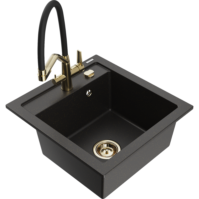Mexen Vito granite sink single-bowl with Duo kitchen tap, black/gold metallic - 6503-75-671701-57-G