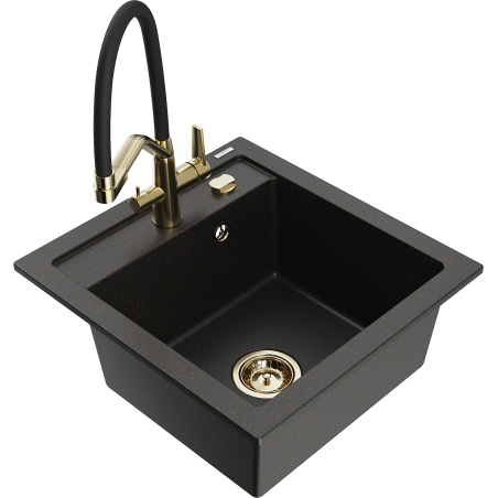 Mexen Vito granit gootsteen 1-komorsprong met Duo keukenmengkraan, zwart/goud metallic - 6503-75-671701-57-G