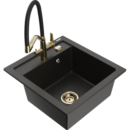 Mexen Vito lava-loiça de granito de 1 cuba com torneira de cozinha Duo, preto/dourado metálico - 6503-75-671701-57-G