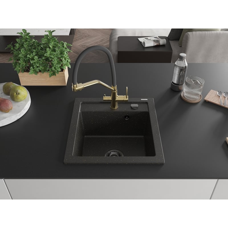 Mexen Vito lavello in granito a 1 vasca con rubinetto da cucina Duo, nero/oro metallico - 6503-75-671701-57-B