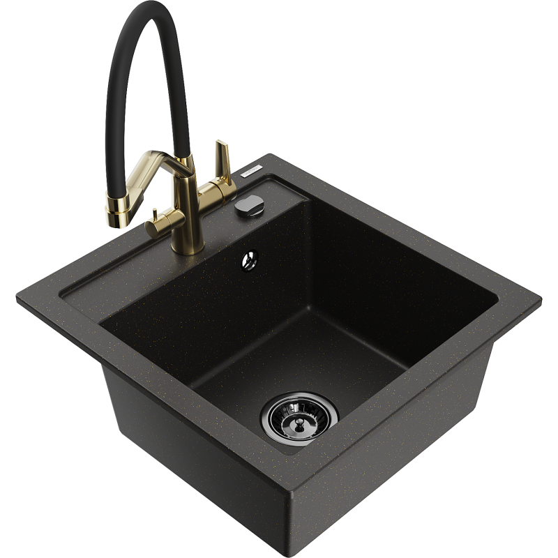 Mexen Vito lava-louça de granito de 1-bacia com torneira de cozinha Duo, preto/ouro metálico - 6503-75-671701-57-B