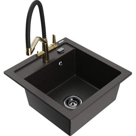 Mexen Vito lavello in granito a 1 vasca con rubinetto da cucina Duo, nero/oro metallico - 6503-75-671701-57-B
