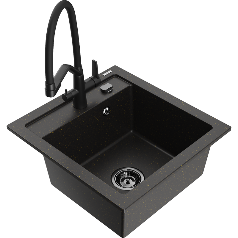 Mexen Vito fregadero de granito de 1 compartimento con grifo de cocina Duo, negro/metalizado dorado - 6503-75-671701-70-B