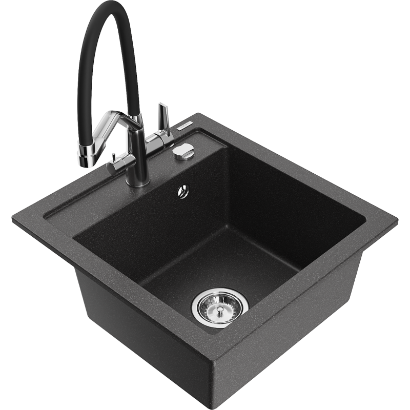 Mexen Vito 1-bowl granite kitchen sink with Duo tap, speckled black - 6503-76-671701-07