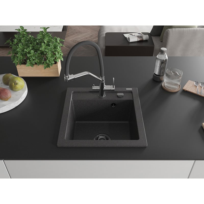 Mexen Vito granite sink 1-bowl with Duo kitchen tap, speckled black - 6503-76-671701-07-B