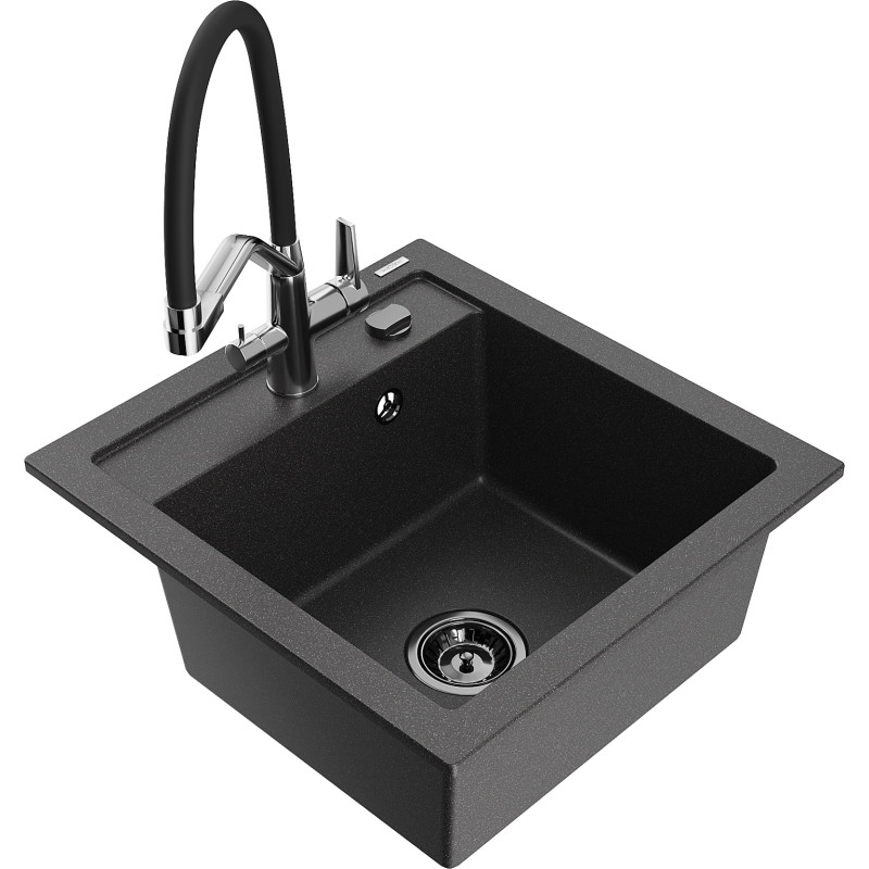 Mexen Vito fregadero de granito de 1 cubeta con grifo de cocina Duo, negro moteado - 6503-76-671701-07-B