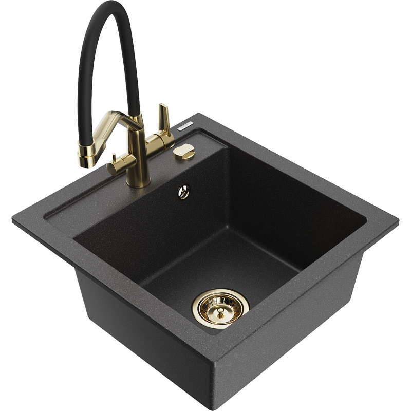 Mexen Vito fregadero de granito de 1 compartimento con grifo de cocina Duo, negro moteado - 6503-76-671701-57-G