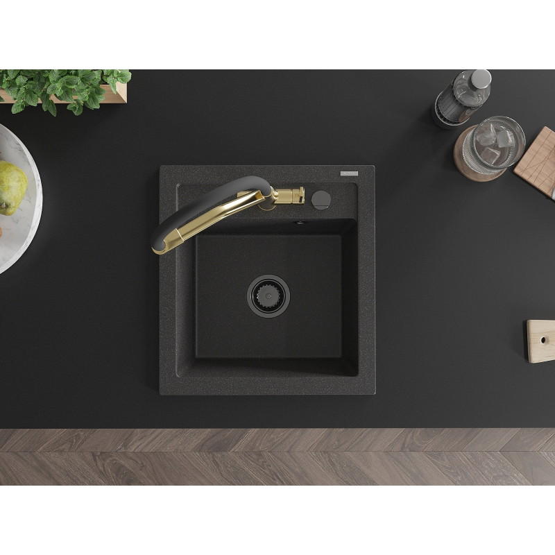 Mexen Vito granit gootsteen 1-komorige met keukenkraan Duo, zwart gespikkeld - 6503-76-671701-57-B