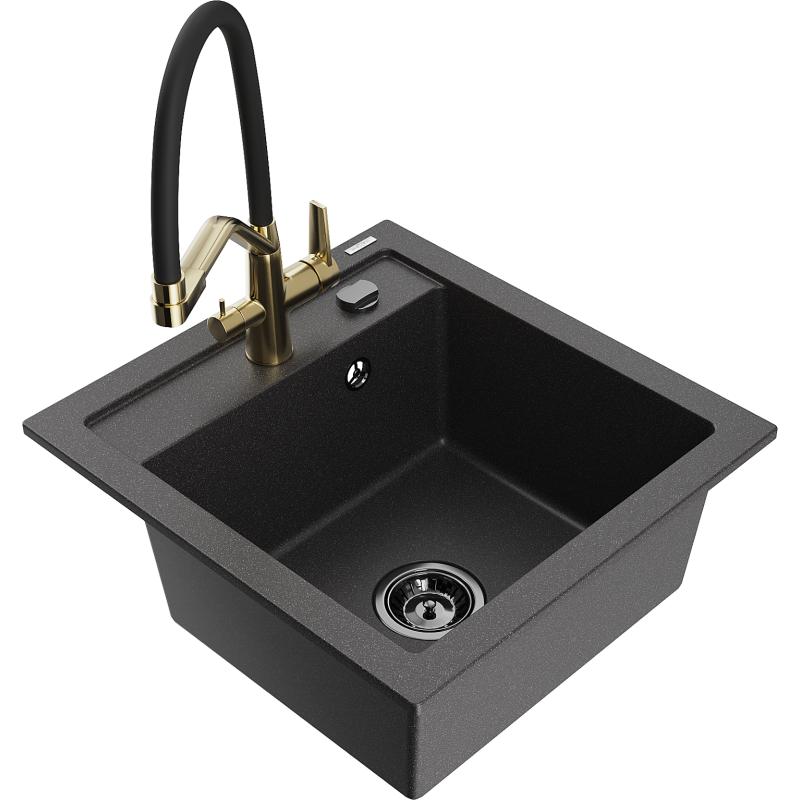 Mexen Vito fregadero de granito de 1 tazón con grifo de cocina Duo, negro moteado - 6503-76-671701-57-B