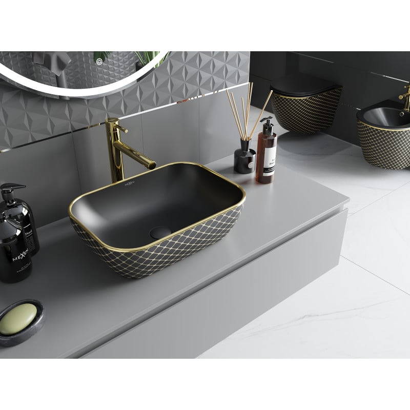 Mexen Rita countertop washbasin 45 x 32 cm, black matt/gold check pattern - 21084579