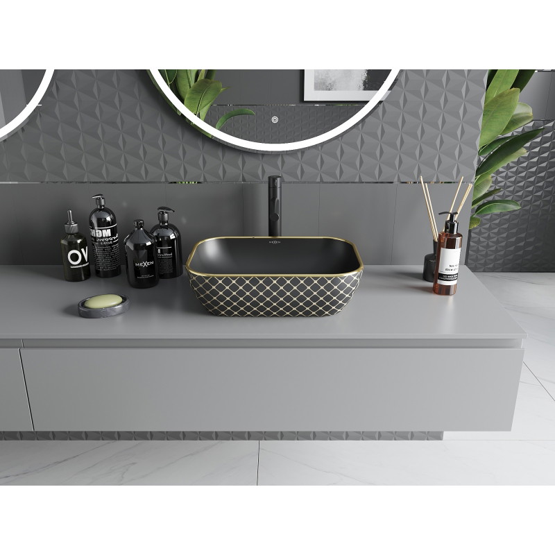 Mexen Rita countertop washbasin 45 x 32 cm, black matte/golden grid pattern - 21084579