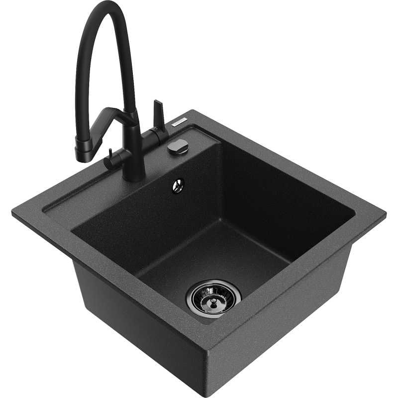 Mexen Vito 1-bowl granite sink with Duo kitchen tap, black speckled - 6503-76-671701-70-B