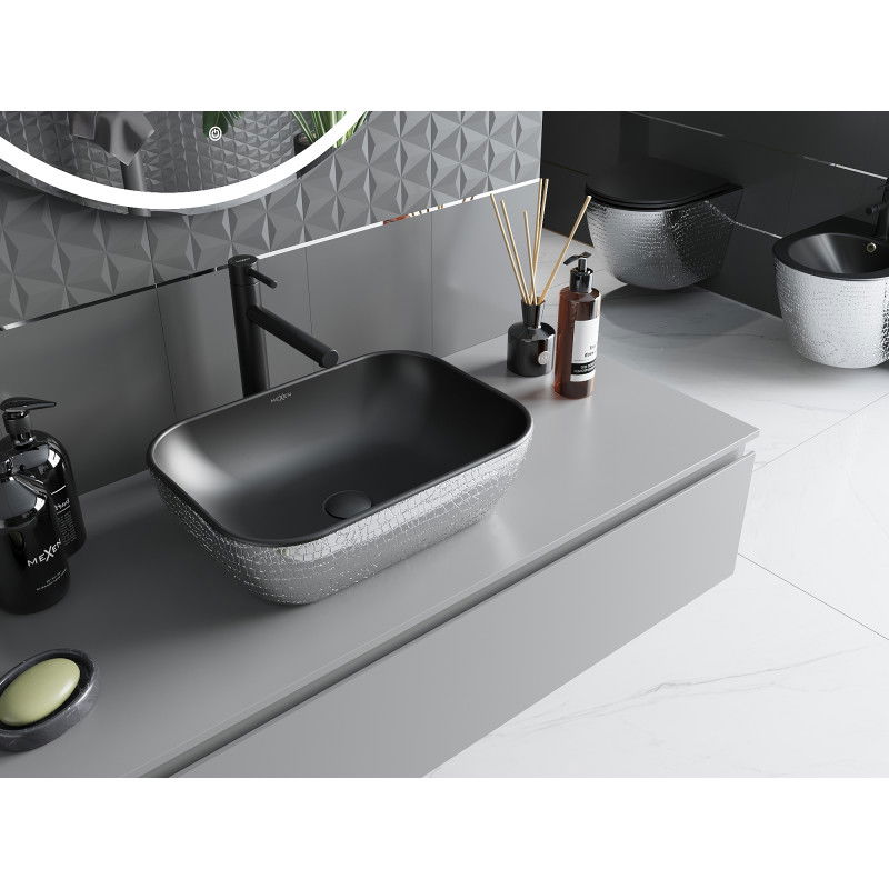 Mexen Rita Aufsatzwaschbecken 45 x 32 cm, schwarz matt/silbernes Schuppenmuster - 21084572
