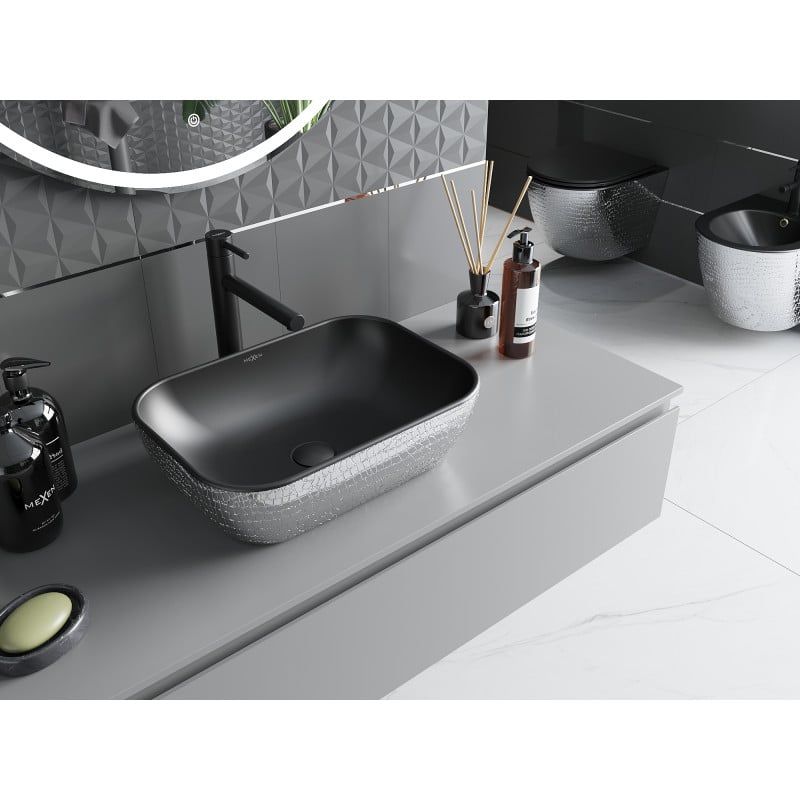 Mexen Rita lavatório de bancada 45 x 32 cm, preto mate/padrão prateado em escamas - 21084572