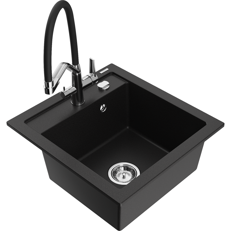 Mexen Vito 1-bowl granite kitchen sink with Duo kitchen tap, black - 6503-77-671701-07