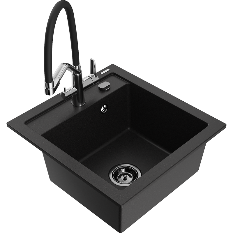 Mexen Vito lava-louça de granito com 1 cuba e torneira de cozinha Duo, preto - 6503-77-671701-07-B
