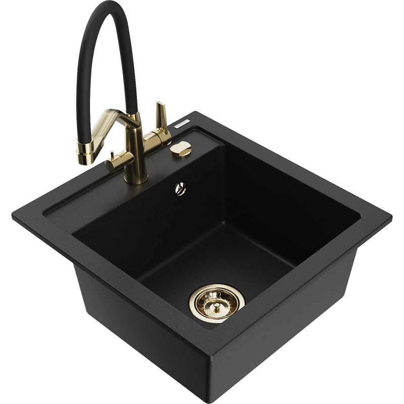 Mexen Vito 1-bowl granite kitchen sink with Duo kitchen tap, black - 6503-77-671701-57-G