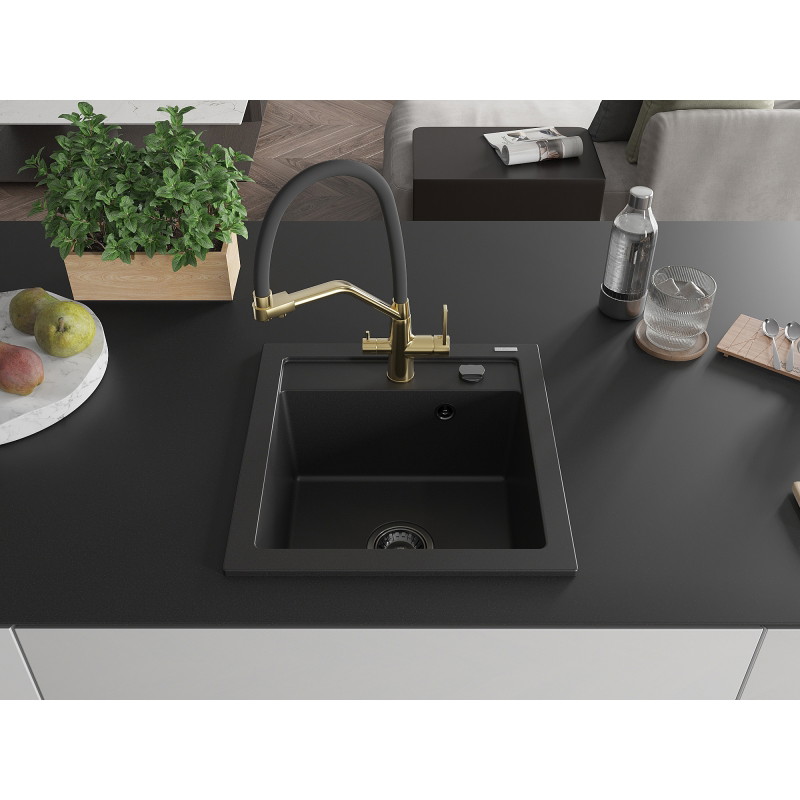 Mexen Vito fregadero de granito de 1 compartimiento con grifo de cocina Duo, negro - 6503-77-671701-57-B