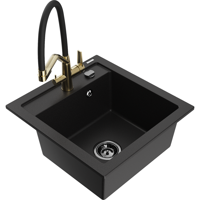 Mexen Vito fregadero de granito de 1 cámara con grifo de cocina Duo, negro - 6503-77-671701-57-B