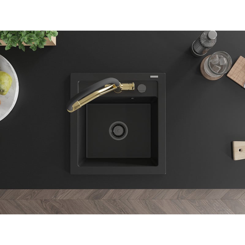 Mexen Vito fregadero de granito de 1 cámara con grifo de cocina Duo, negro - 6503-77-671701-57-B