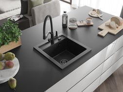 Mexen Vito granite kitchen sink with 1 bowl and Duo kitchen tap, black - 6503-77-671701-70-B