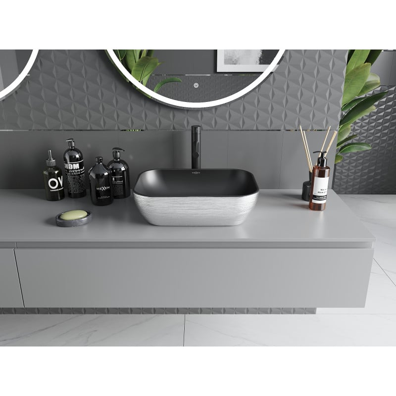 Mexen Rita countertop washbasin 45 x 32 cm, black matte/silver line pattern - 21084573