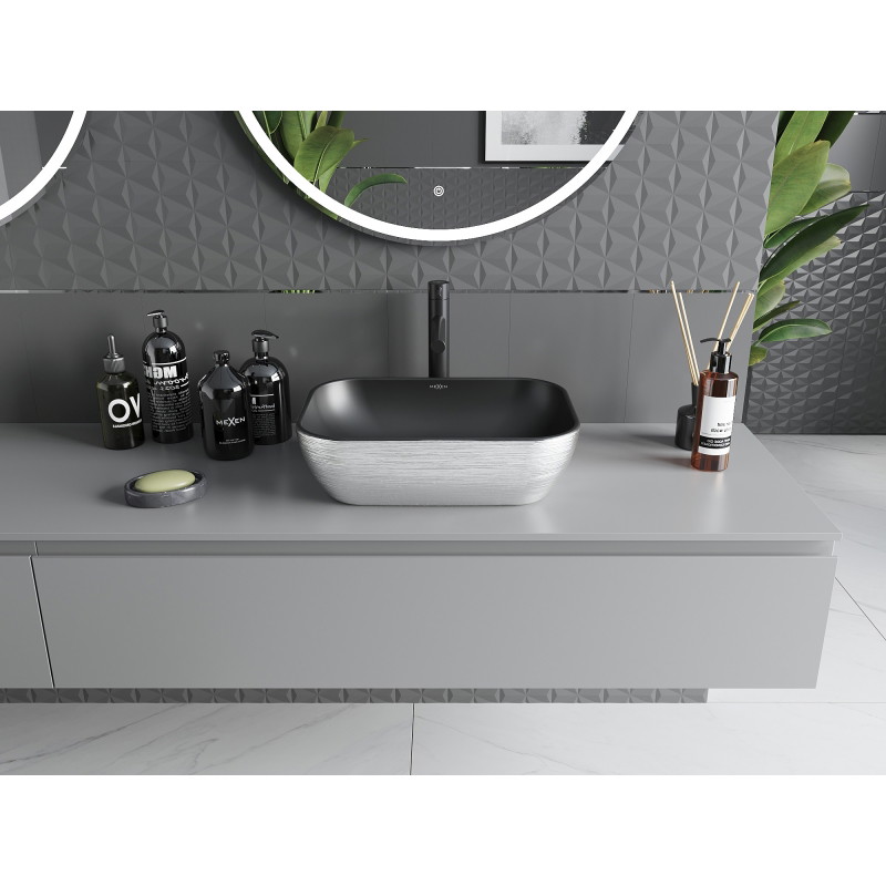Mexen Rita lavabo sobre encimera 45 x 32 cm, negro mate/líneas plateadas - 21084573