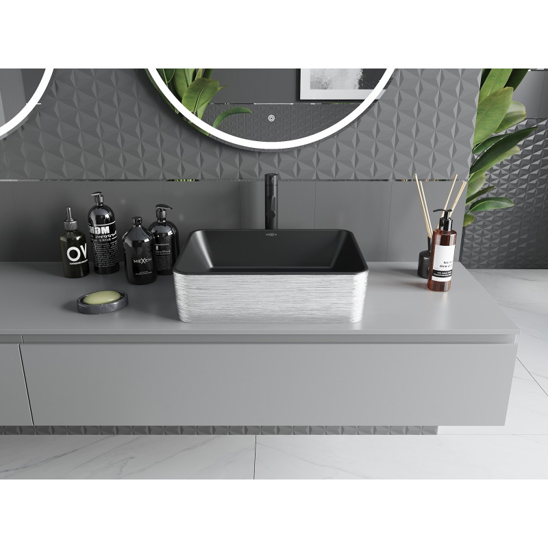 Mexen Catia Aufsatzwaschbecken 48 x 37 cm, Schwarz Matt/Silbernes Linienmuster - 21314873