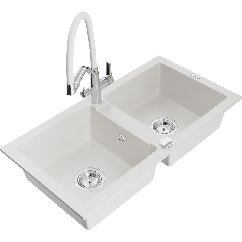 Mexen Mario fregadero de granito de 2 cubetas con grifo de cocina Duo, blanco - 6504-20-671701-02